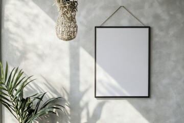 Poster - Blank white A4 sheet gracefully suspended on a soft gray wall illuminated by warm sunlight creating an ambiance of tranquility and simplicity