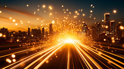 Aufkleber - Vibrant city skyline illuminated by glowing lights at sunset