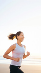 Sticker - a portrait photo of a happy athletic woman jogging at sunrise by the beach.