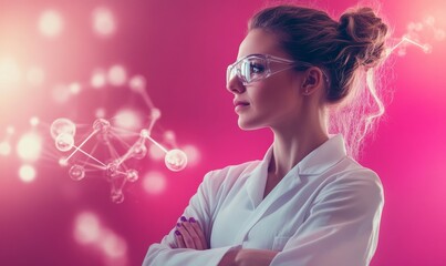 Wall Mural - Female scientist with pink background, showcasing innovation and research