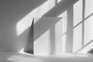Poster - Minimalistic blank white poster frame illuminated by soft shadows in a serene white wall setting
