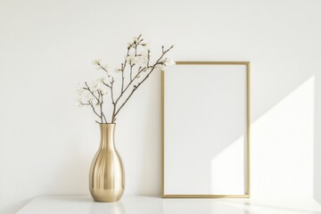 Poster - Elegant gold frame prominently displayed with a blank canvas beside a sleek vase holding delicate branches in a softly illuminated interior