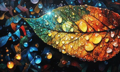 Wall Mural - Dewdrops on a Leaf Sparkling in Morning Sunlight