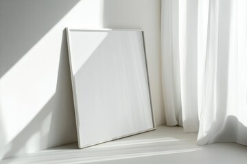 Poster - Empty poster frame rests against the wall, bathed in soft natural light, reflecting modern minimalistic design and creating a serene atmosphere