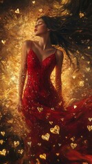 Wall Mural - Elegant woman in a red dress surrounded by swirling golden hearts, richly textured oil-paint strokes capturing emotion and movement, glowing ambiance