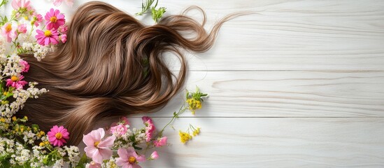 Sticker - Vibrant floral arrangement with colorful blooms and brown hair strands on a white wooden table, ample space for text and design ideas.