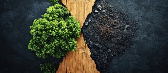 Poster - Nature and human impact contrast through a wooden texture dividing vibrant green foliage on the left and dark earthy elements on the right