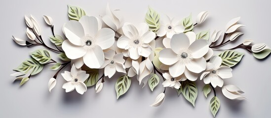 Sticker - Elegant white paper flowers with soft green leaves arranged on a light gray background, ideal for text placement and floral-themed designs.