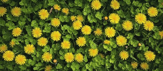 Sticker - Vibrant yellow dandelions Taraxacum scattered across lush green grass under bright spring sunlight with a backdrop of soft clouds.