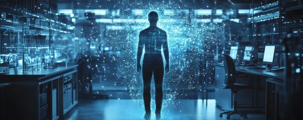 Poster - Futuristic digital human silhouette in advanced technology lab