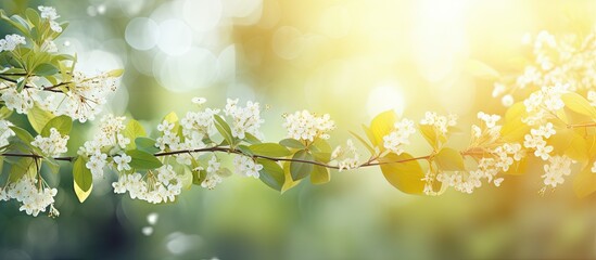 Canvas Print - Spring sunlight filters through delicate white flowers and green leaves, creating a serene vintage nature background with a soft golden glow.