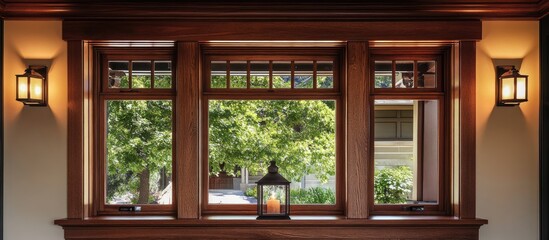 Canvas Print - Elegant wooden window design featuring three panes with intricate grid patterns, warm brown tones, and decorative wall sconces on each side.