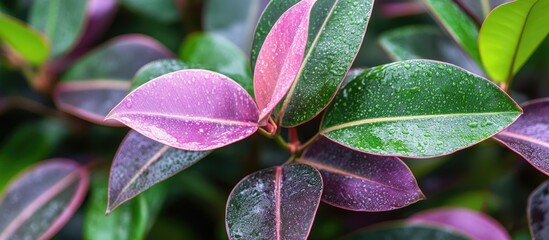 Canvas Print - Vibrant green leaves with deep purple undertones and droplets of water arranged closely, showcasing a lush plant detail in a natural setting