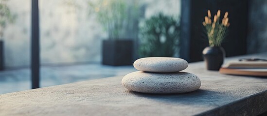 Canvas Print - Serene rock desk with stacked stones in foreground against a blurred background showcasing soft colors and natural elements in minimalist setting