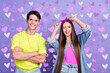 © deagreez - Photo of confident youngster friends enjoy 90s party wear pin-up outfit isolated violet color background