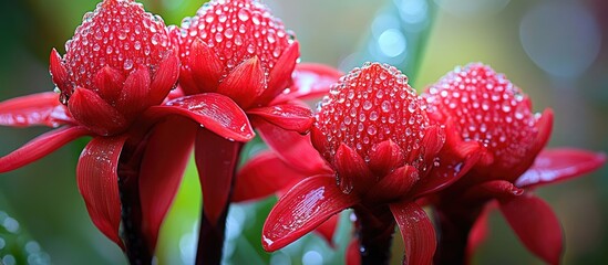 Sticker - Vibrant red torch ginger flowers with glistening water drops in foreground, blurred green background, nature's beauty captured in detail.