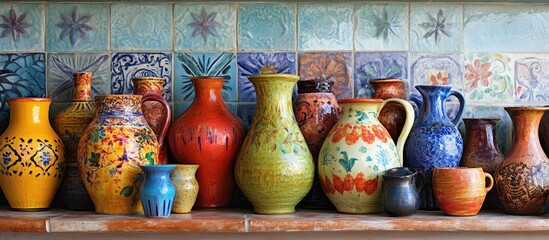 Wall Mural - Colorful ceramic vases in vibrant hues of red, blue, green, and orange arranged against an intricate tiled background showcasing artistic designs.