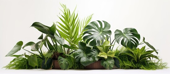 Canvas Print - Lush indoor tropical foliage arrangement featuring vibrant Monstera and Bird's Nest fern against a soft neutral backdrop with varied green tones