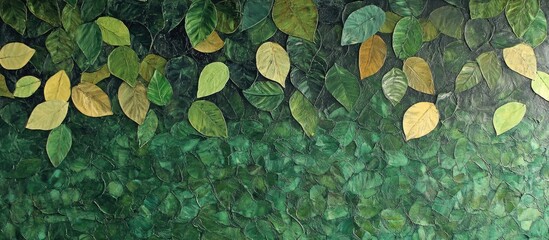 Canvas Print - Lush green leafy wall decor with vibrant shades of green and hints of yellow leaves artfully arranged at the top, showcasing nature's beauty.