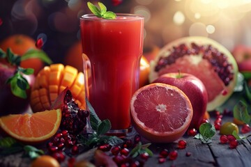 Poster - refreshing red juice with pomegranate seeds, grapefruit, orange, apple, and mango on a wooden table