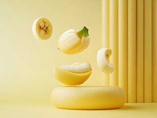 Wall Mural - Floating Bananas Slices Minimalist 3D Render Yellow Background