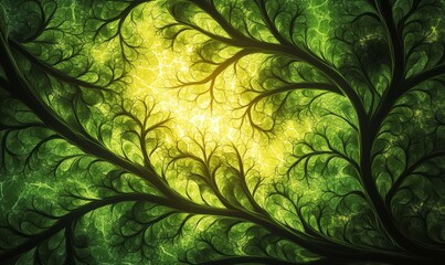 Fractal pattern of green branches and leaves with yellow glow in Wide-Angle