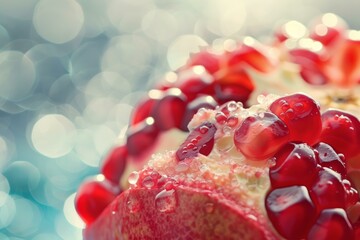 Poster - close up of juicy pomegranate seeds glistening with fresh water droplets, creating a vibrant and ref