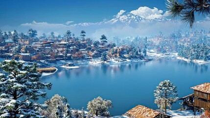 Wall Mural - Snowy village lake, mountain backdrop, winter scene, travel