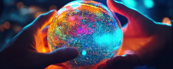 Poster - Hands holding colorful glowing globe with digital network