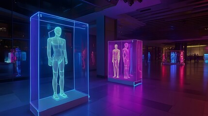 Poster - Futuristic art installation featuring illuminated figures, vibrant blue and pink colors, creative expression and immersive experience.