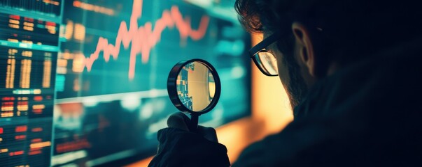 Poster - Caucasian male analyzing financial data with magnifying glass in high-tech environment