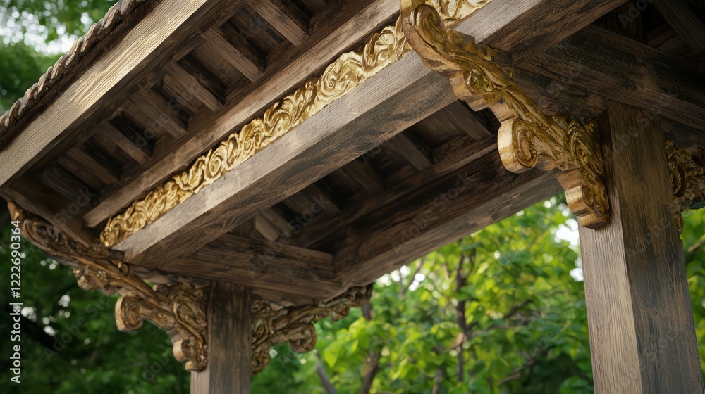 Architectural Ruffles Pattern Golden Swirls on Rafter Detail in Thai Architecture with Orchard View ...