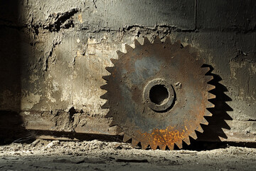 Rusty circular saw blade resting against a weathered wall, illuminated by soft light, suggesting neglect