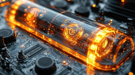 Poster - Illuminated Glass Cylinder on Futuristic Circuit Board