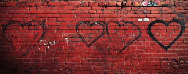 Poster - Graffiti hearts on red brick wall displaying urban creative art