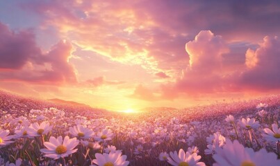 Sticker - Field of daisies at sunset with warm light. Nature and tranquility.