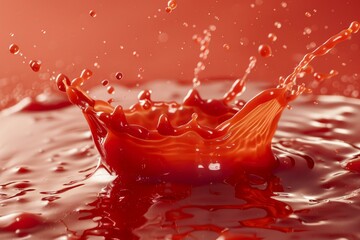 Poster - Dynamic crown shaped splash of red liquid creating droplets and ripples on a vibrant, matching background