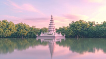 Wall Mural - Serene Island Stupa: Orchards Reflected in Calm Waters at Dusk - Ultra-Detailed Cinematic Thai Architecture