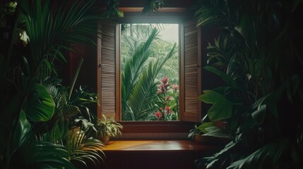 Wall Mural - Tropical window view, lush plants, sunlight, jungle background