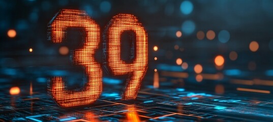 Poster - Glowing Digital Number 39 on an Abstract Futuristic Technology Background with Neon Lights
