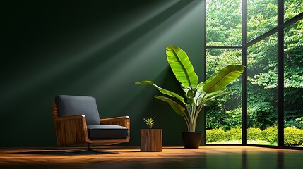 Sticker - Dark green room, armchair, plant, sunlight, window view, peaceful interior design