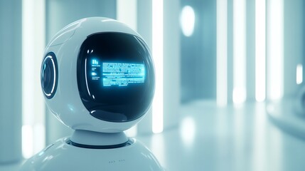Futuristic Robot Head Displaying Data in a Modern Setting