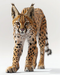 Wall Mural - serval walking gracefully in daylight against a white background showcasing its stunning coat detail