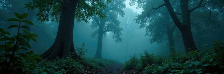  Dark forest with dense foliage and misty atmosphere, foliage, eerie, darkness