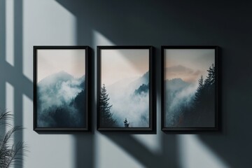 Poster - Elegant arrangement of three framed posters showcasing serene mountain landscapes against a soft dark backdrop