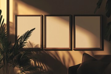 Poster - Trio of blank poster frames set against a dark minimalist backdrop with natural lighting creating an inviting atmosphere