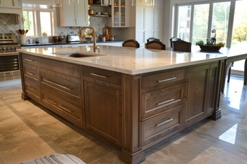 Poster - large kitchen island with a white marble countertop, sink, and dark wood cabinets is shown in a mode