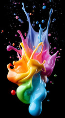 Poster - Dynamic splash of colorful liquid motion creating an abstract display against a black background showcasing fluid artistry and vibrant aesthetics