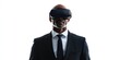 © StockKing - Professional man in sleek black suit wearing virtual reality headset on white background showcasing technology and innovation in business.