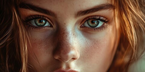 Wall Mural - Close-up portrait of a young woman with striking green eyes and freckled skin, surrounded by soft warm lighting and a blurred background